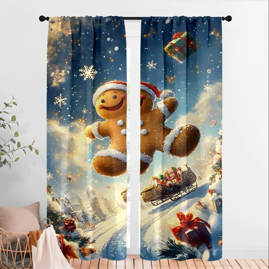 2PCS Digital Print Curtains, Flying Gingerbread Man Santa Hat Snowy Town Sleigh Gifts Blue Sky, Whimsical Fantasy Illustration S