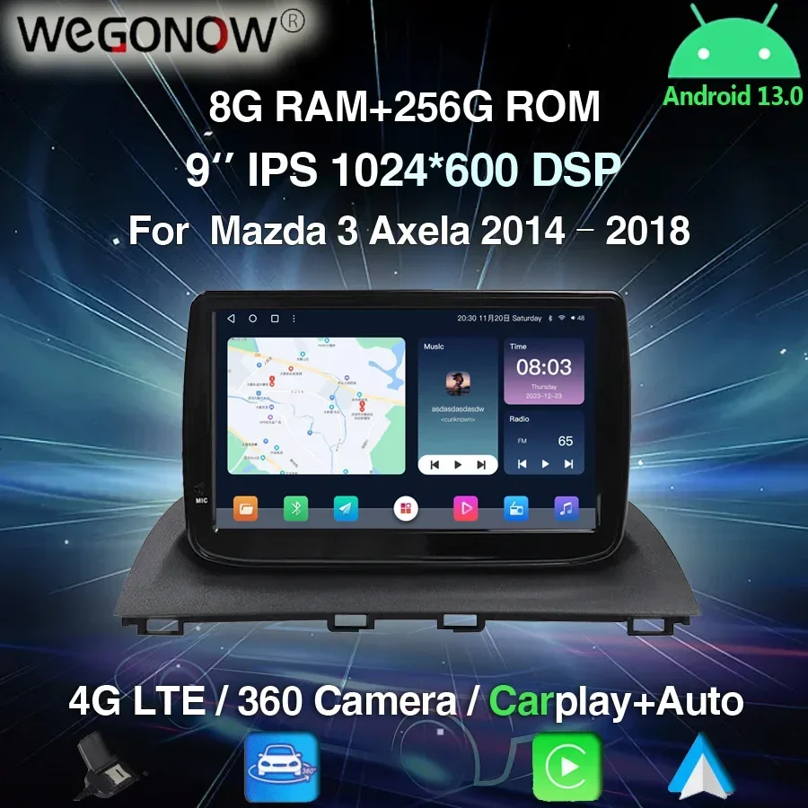 Carplay Auto DSP 9'' IPS Android13.0 8GB+256GB Car DVD Player GPS 4G LTE WIFI Bluetooth Radio RDS For Mazda 3 Axela 2014 - 2018