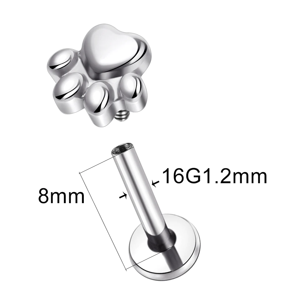 1/5PCS Titanium Puppy Paw Print Labret Piercing Internally Threaded Tragus Stud Earring Piercings Body Jewelry
