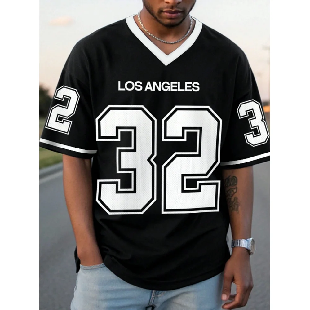 2026 Men's Los Angeles 32 Print V-neck Short Sleeved T-shirt With Summer Pattern Baseball Jersey Plus Size Men's Casual T-shirt