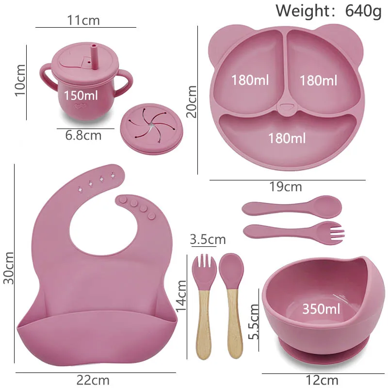 8Pcs Children\'s Silicone Tableware Baby Feeding Plate Bowl Cup Personalized Name Dinner Plate For Kids Baby Feeding Sets