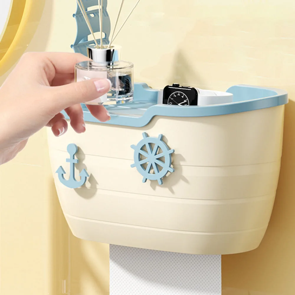 

Cute Sailing Boat Wall-Mounted Tissue Box Dust-proof Lavatory Paper Finishing Box For Washroom