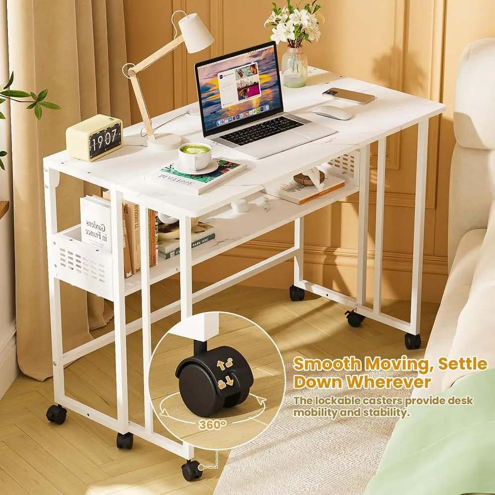 مكتب رخامي أبيض محمول مع مساحة تخزين للمكتب المنزلي، طاولة جانبية للأريكة، مناسبة للمساحات الصغيرة، 31.5 #6