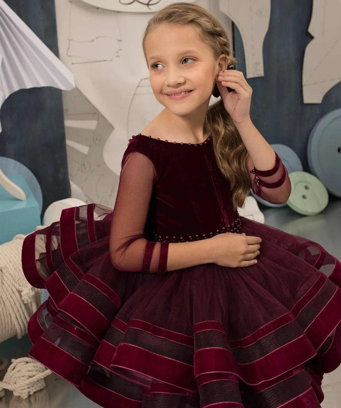 

Burgundy Flower Girl Dress Elegant Ruffles 3/4 Sleeves Tulle Bow Wedding Birthday Party Gown Kid Pageant First Communion Wear