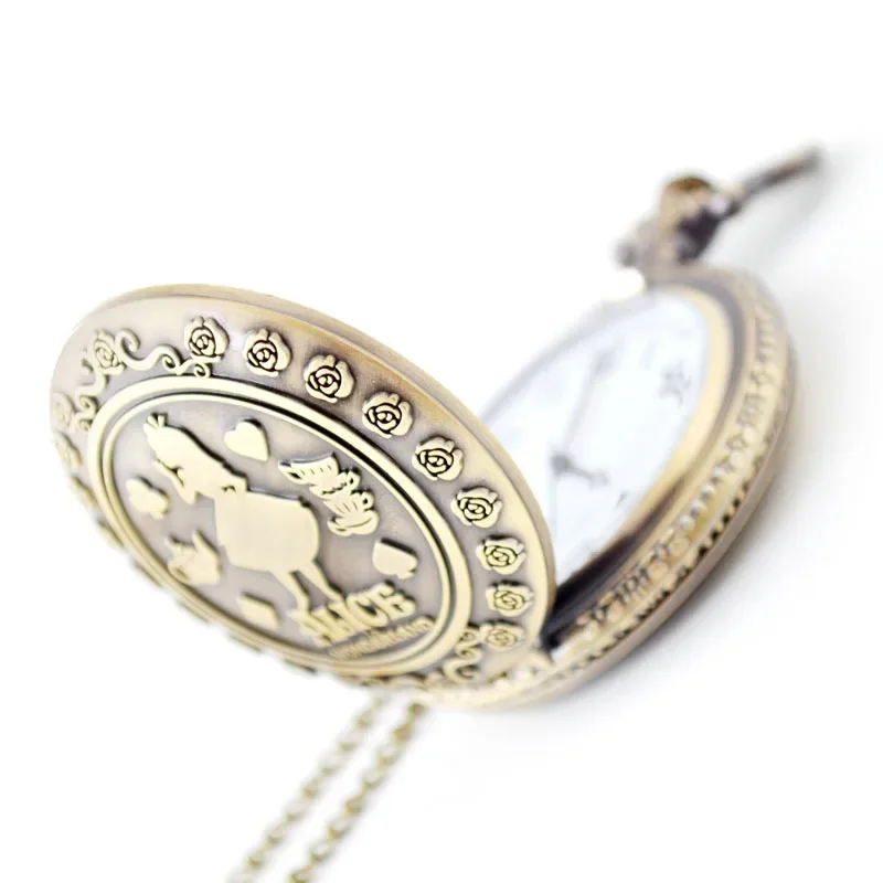 Alice in Wonderland Peripheral Retro Theme Bronze Quartz Pocket Watches Anime Alice Clock Necklace Christmas Birthday Gift