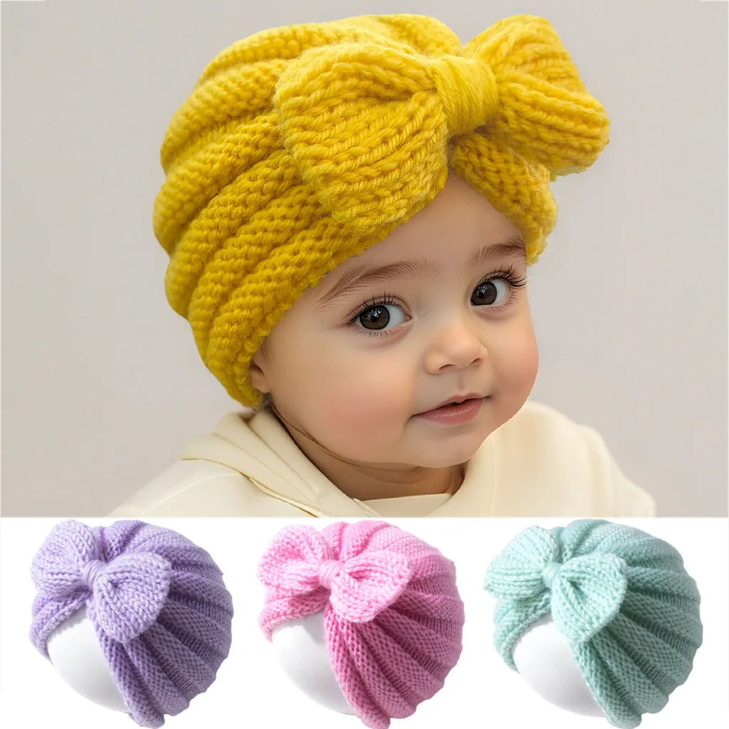 

Autumn Winter Keep Warm Baby Hat Baby Sweet Bow Crochet Hook Cute Turban Girls Photograph Wear Hair Accessories Infant Gift 0-3M