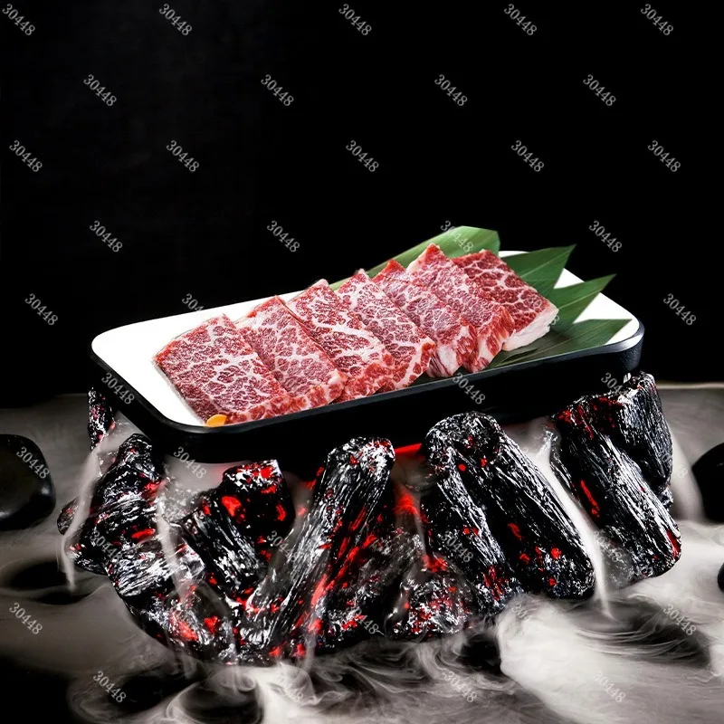 Creative Japanese Black Volcanic Charcoal BBQ Plate Smoke Effect Dry Ice Presentation Tableware