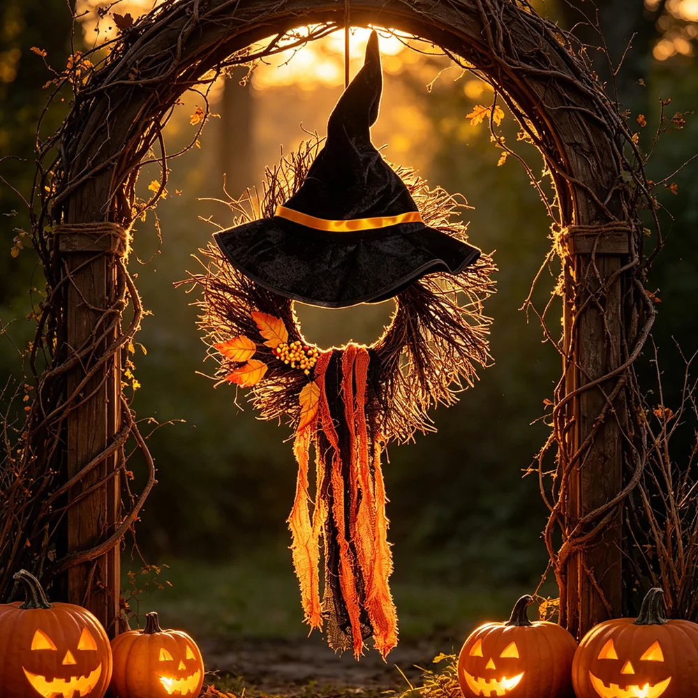 

Halloween Witch Hat Wreath Spooky Twig Door sorceress Hat Garland Home Decor Party Wall Hanging Ornament Festival Props