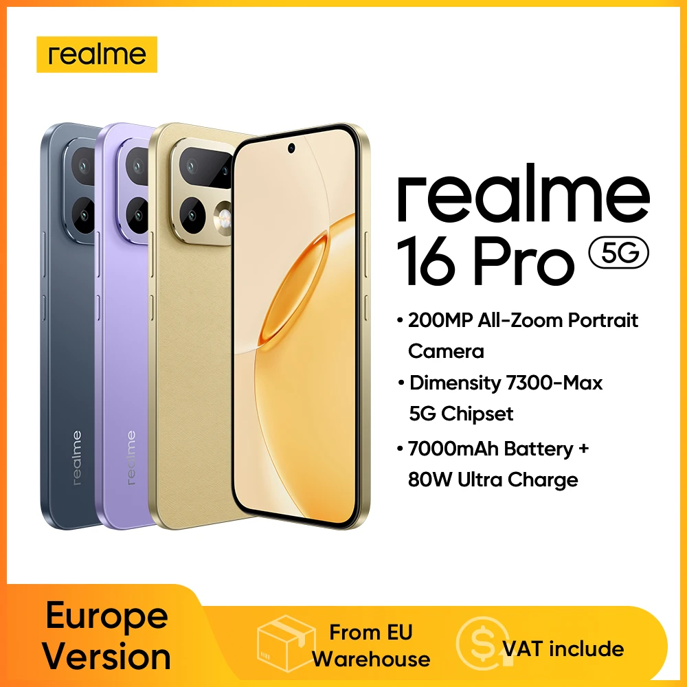 Smartphone realme 16 Pro 5G, processeur Mediatek Dimensity 7300 Max, batterie 6500 mAh, charge rapide 45 W, écran AMOLED 6,78 pouces 144 Hz, appareil photo 200 MP