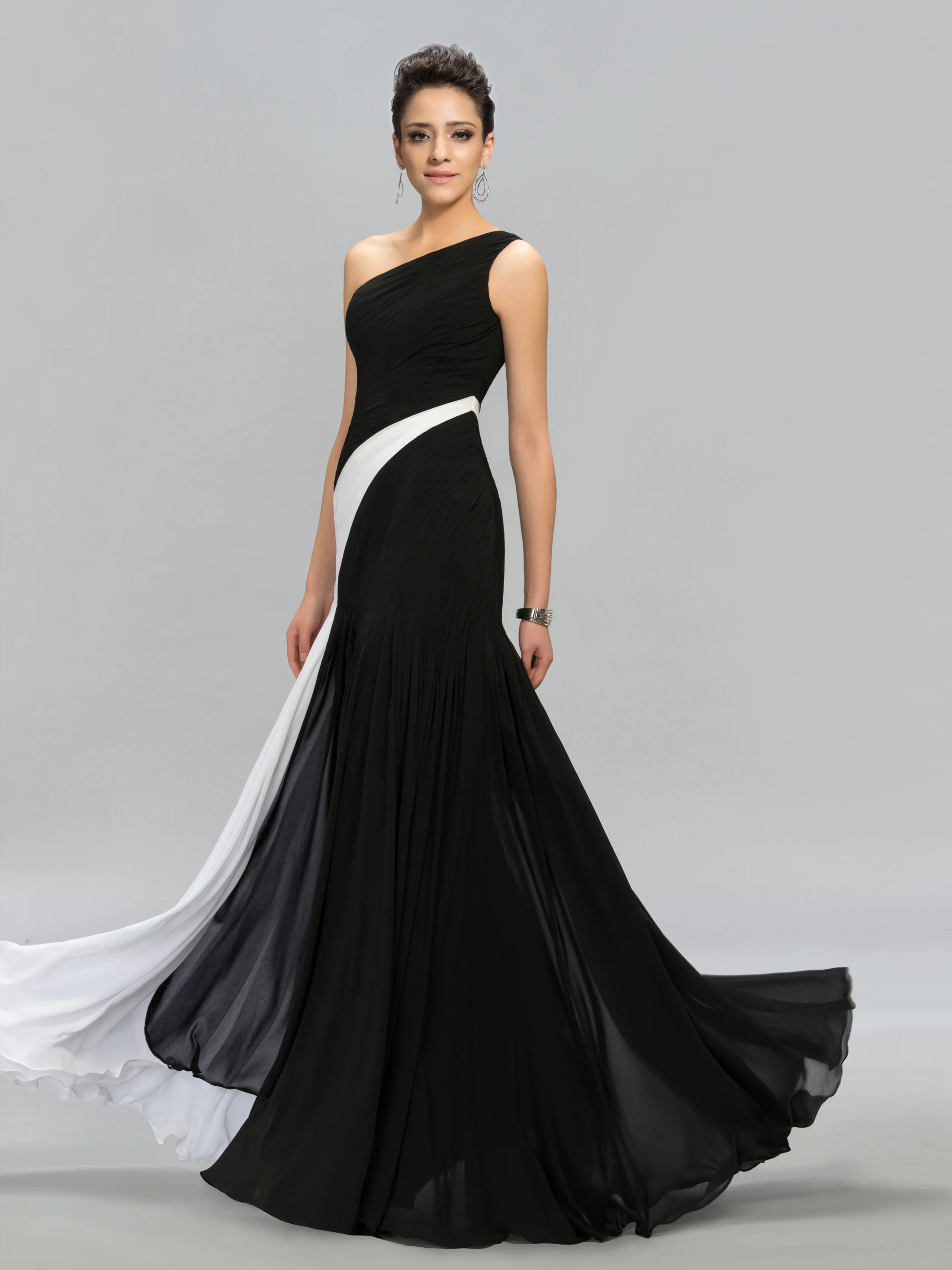 Formal occasion dresses Elegant  women 2023 prom  Evening  Sheath/Column Floor-Length Sleeveless Black White  Color One Shoulder