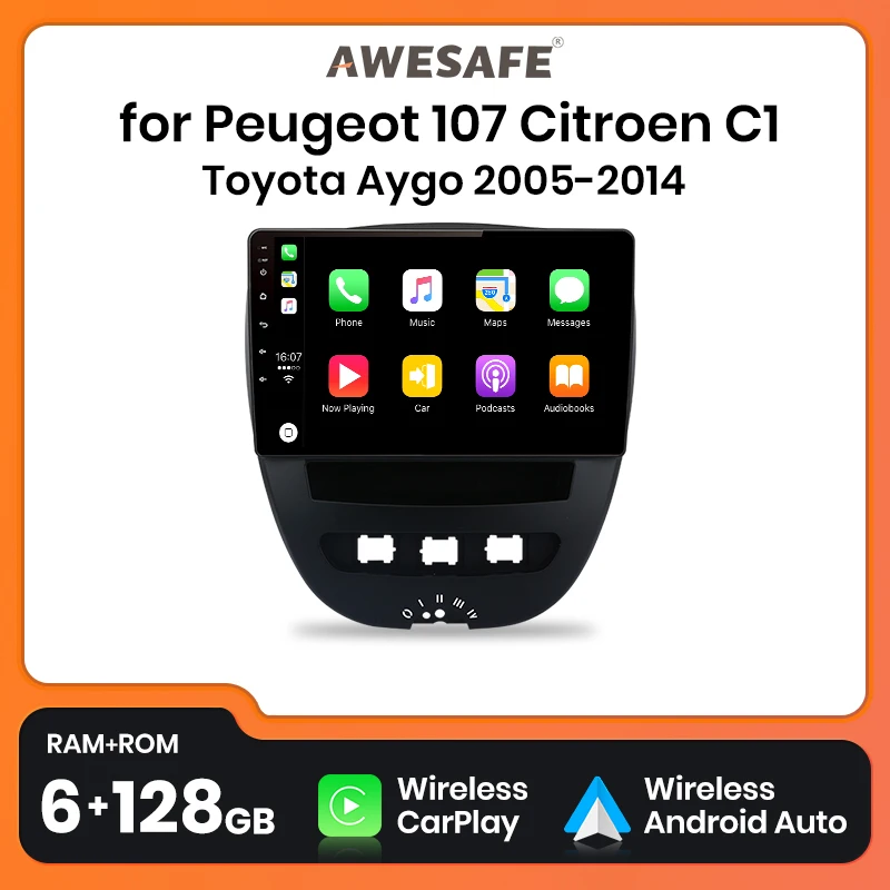 AWESAFE  Android Radio  For Peugeot 107 Citroen C1 Toyota Aygo 2005 - 2014 Car Radio Multimedia CarPlay 2 din dvd 8GB+128GB