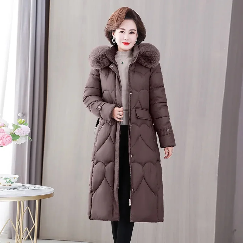 2023 New Winter Jacket Parkas Women Fur Collar Hooded Thicke Down Cotton Jacket Middle-Aged Female Coat Mother Warm Long Outwear