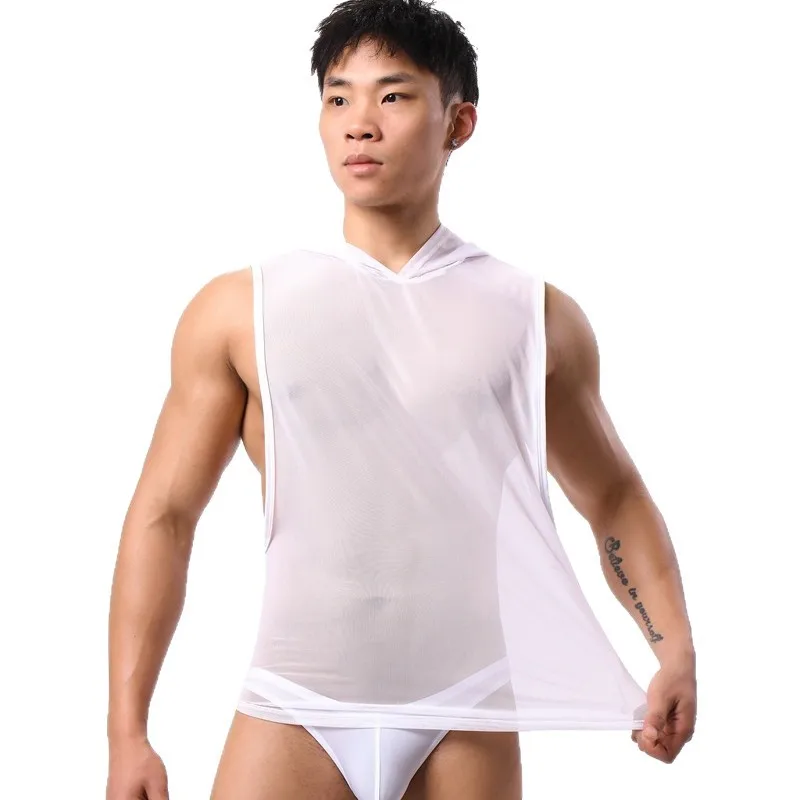 

Windproof Hooded Mesh Men's Vest Summer Mesh See-through Undershirt Lightweight And Breathable Sporty Sexy And Breathable C1R0