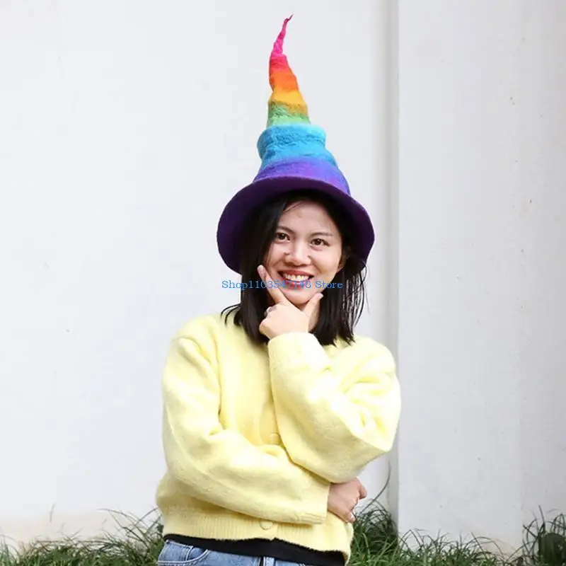 P88B Halloween Rainbow Gradient Witch Hat Rainbow Wizard Hat Retractable Witch Hat Fashion Novelty Umbrella SunHat Decoration