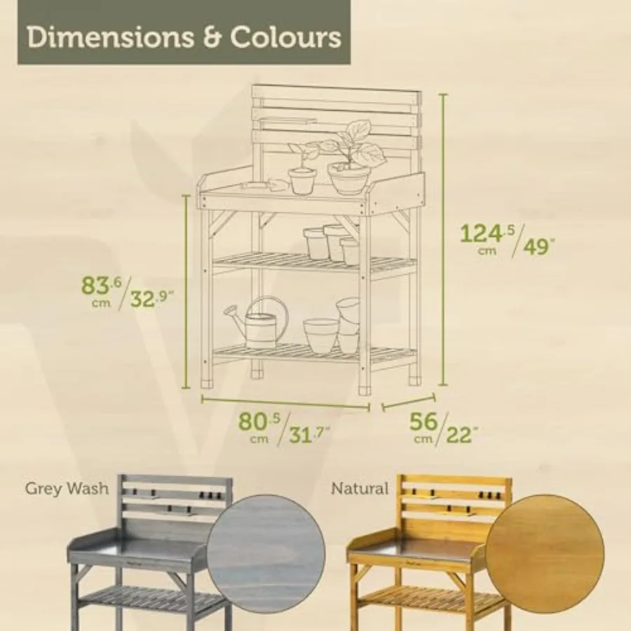 Cedar Potting Table, Grey Wash - Outdoor Workstation with Galvanized Metal Top, Storage Shelves and Hooks for Gardening, Repott