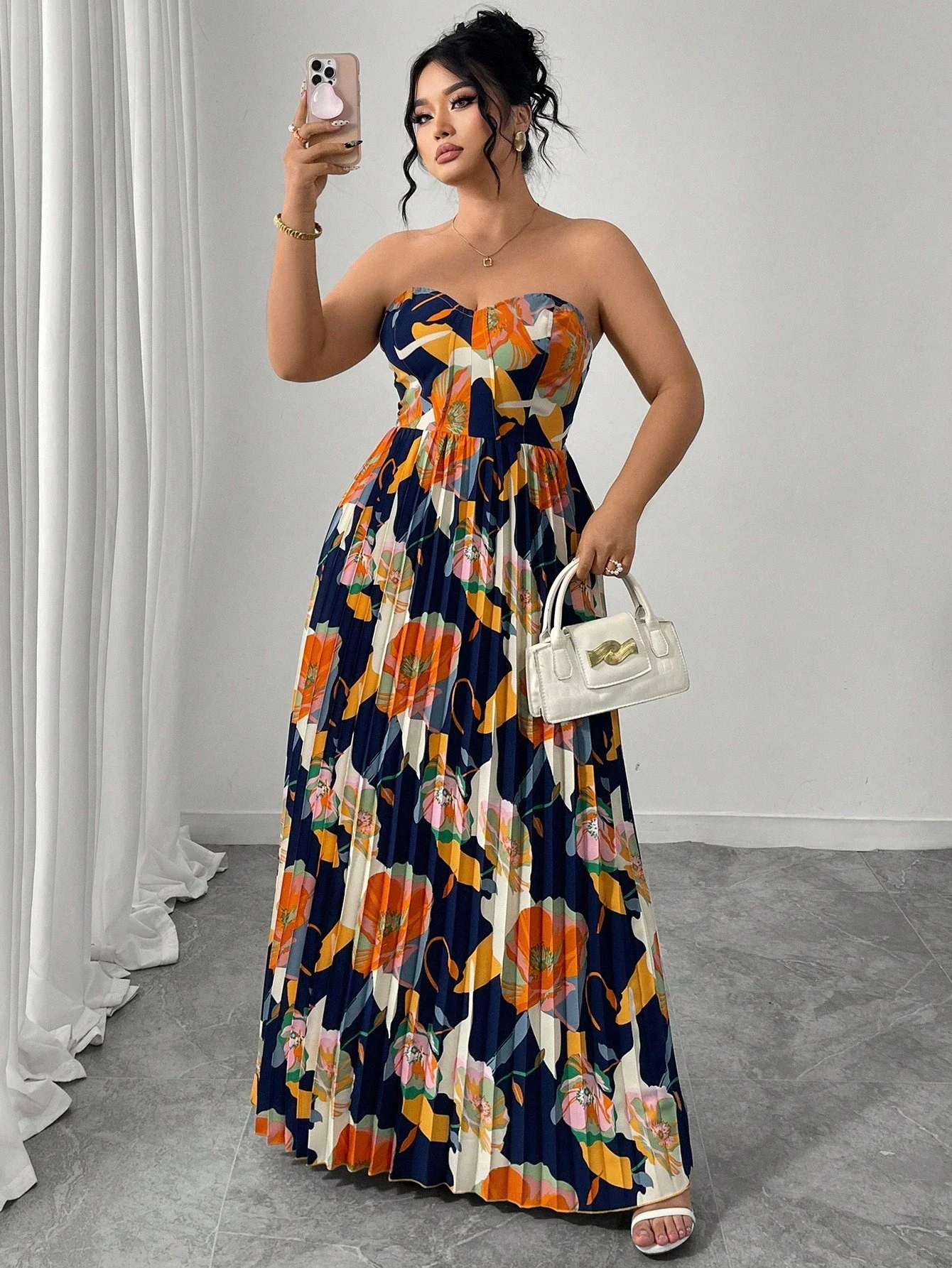 

Plus Size Women Elegant Floral Strapless A-Line Maxi Dress Summer Vacation