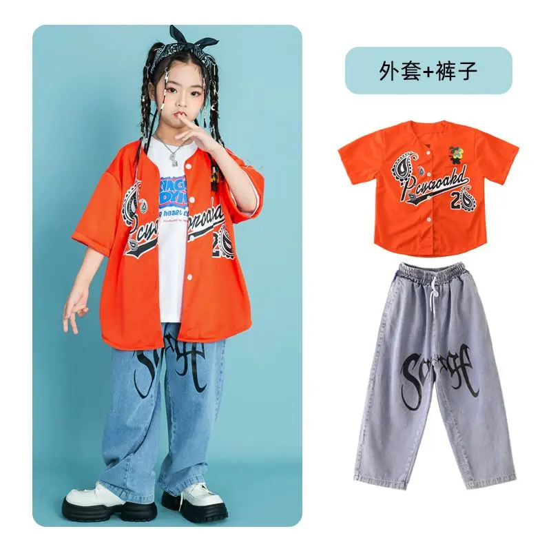 Kids Street Dance Clothing Hip Hop Costume Girls Orange Cardigan Baggy Pants Boys Kpop Costume Jazz Stage Show Wear 6 8 10 12 Y