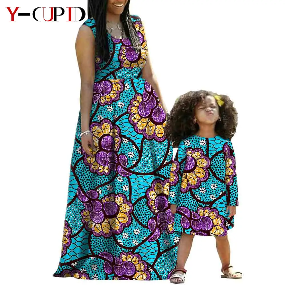 

African Dress Women Girls Yarn Gown Vestidos Mother Slim Dresses Bazin Riche Daughter Matching Clothing Party Wedding YA19F006