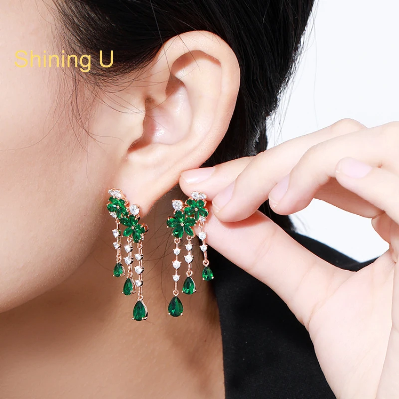 

Shining U Synthetic Stone Floral Green Gems Dangle Earrings for Women Fashion Jewelry Party