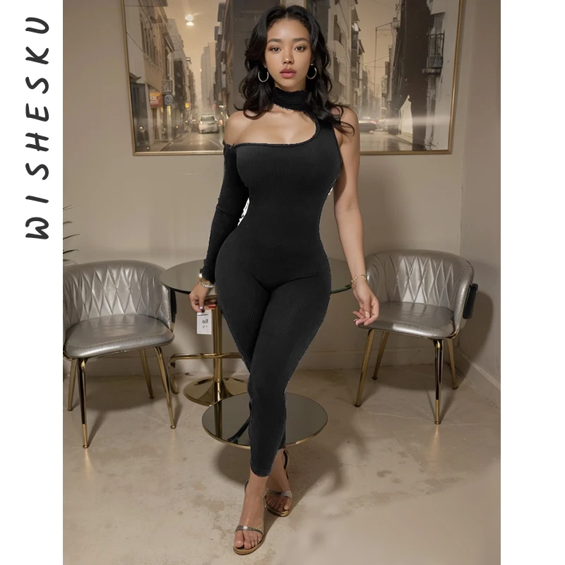 

Sexy Slant Shoulder Cut Out Slim Fit Jumpsuits Women Sleeveless Pencil Pants One Piece Rompers 2023 Spring Fall Y2K Clothes