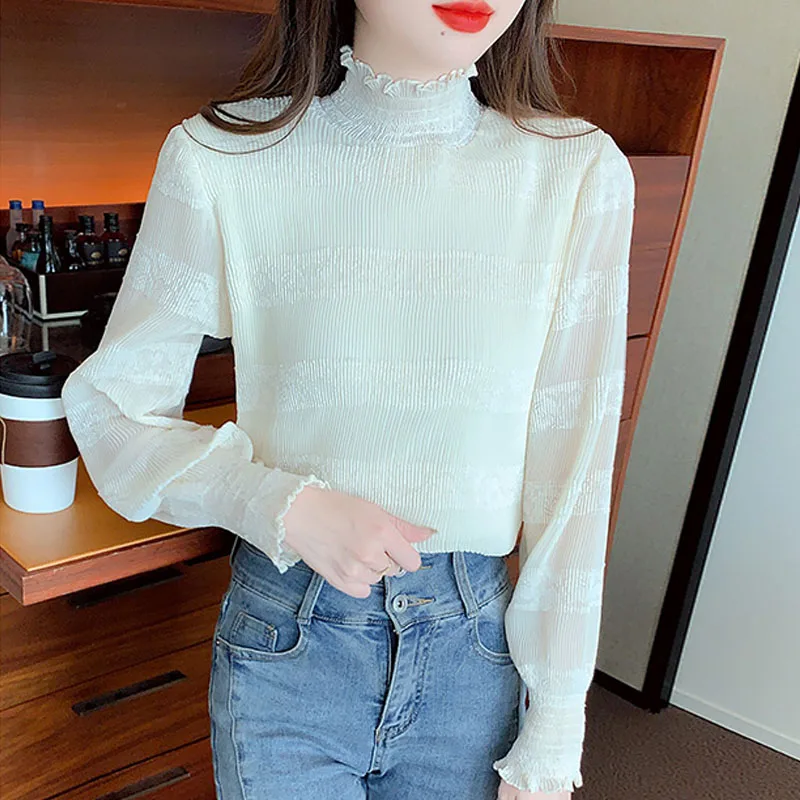 New Long Sleeve Ruffled Women Shirt Chiffon Adding Velvet Thickening Shirt Blouse Women Tops Shirts Blusas Para Mujer Blusa M593