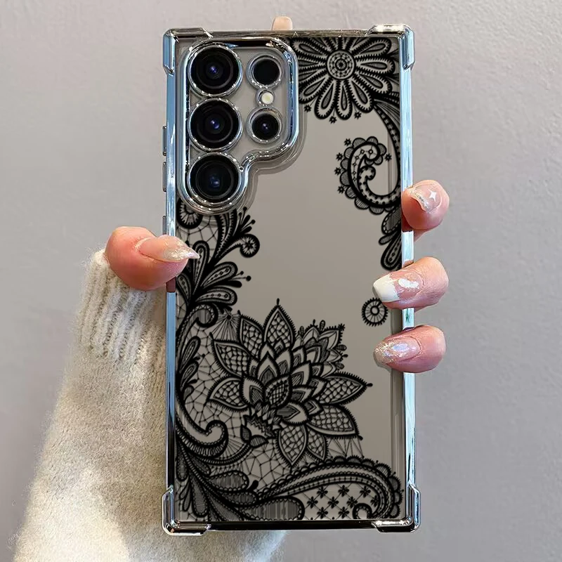 Trendy Black Lace Flower Phone Case For Infinix Hot 60 60i 40i 30 30i Smart 10 Note 50 50s Spark Go Slim 2023 2024 2025 Pro Plus