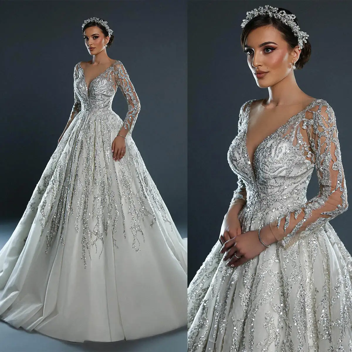 

Exquisite A Line Bride Gowns Appliques Sequins Beaded O Neck Long Sleeve Wedding Dress Sweep Train Bridal Dresses Custom Made