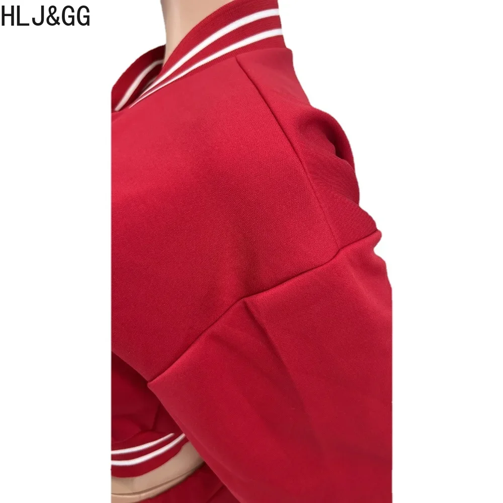 HLJ&GG Fashion Letter Print Baseball Jacket Two Piece Sets Women Button Long Sleeve Crop Top+Pants Female Patchwork 2pcs Outfits