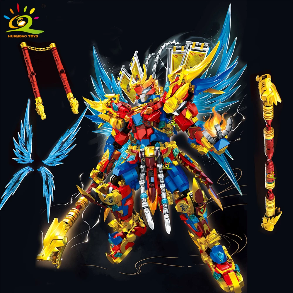 HUIQIBAO Warrior Mech Robot Building Blocks MOC SunWuKong Chinoiserie Action Figure Brick Children City Construction Display Toy