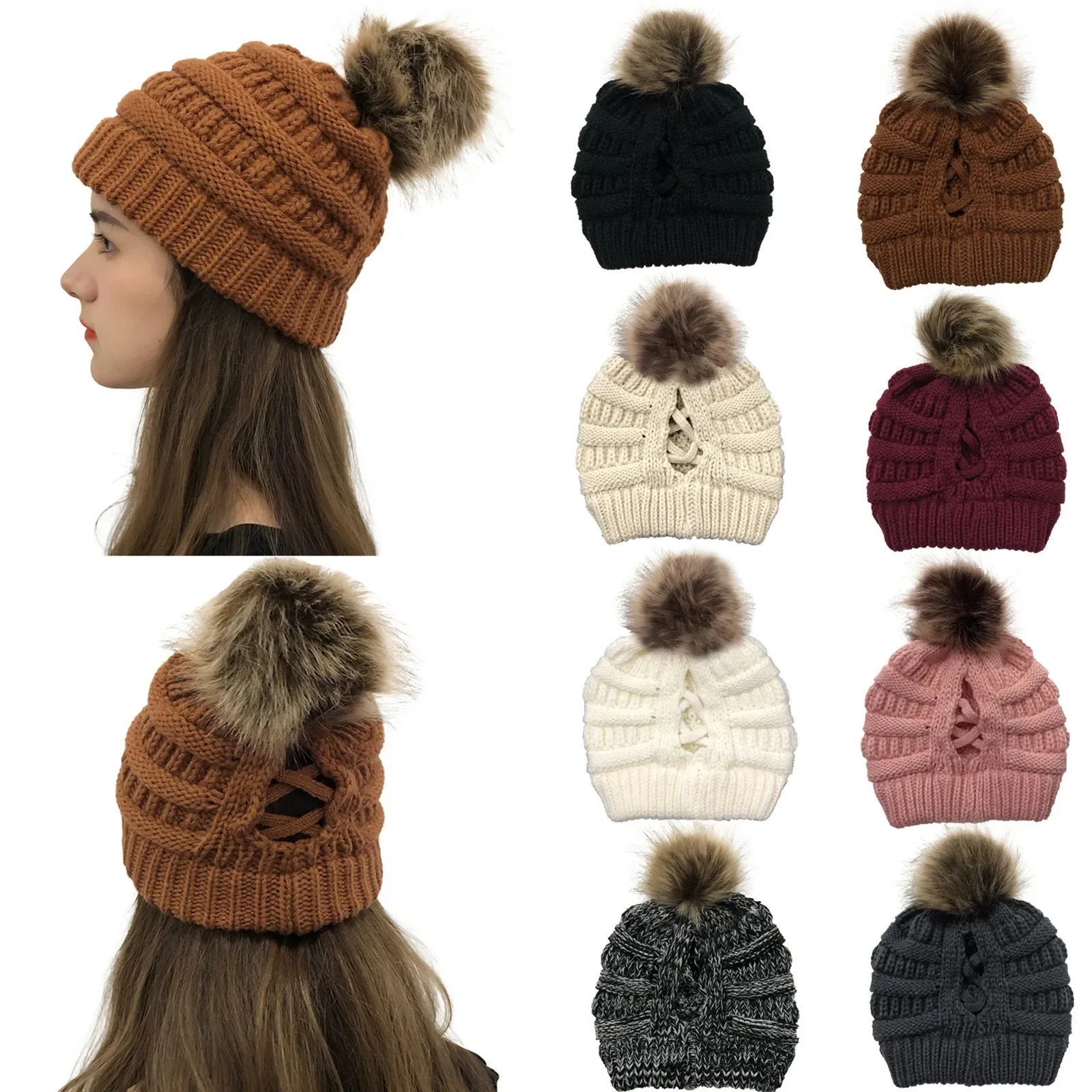 New style ladies beanie ponytail solid color winter ball cap and ball plush hat stitching autumn hat crochet cross beanie