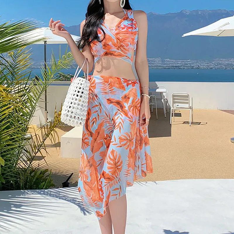 Maillot de bain trois pièces imprimé pour femmes, sexy, slim, fendu, col en v, décontracté, à la mode, nouvelle collection 2023
