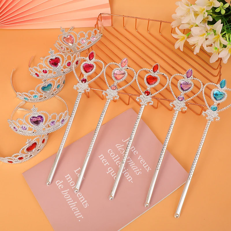 Kids Gemstone Crown Scepter Toys Princess Costume Accessories Girls Cute Headdress Magic Wand Toy Children's Birthday Party Gift