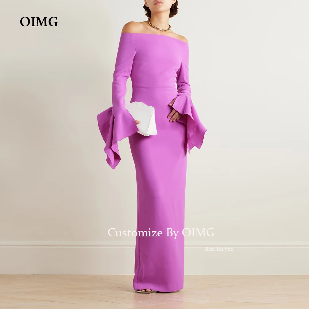 

OIMG Elegant Boat Neck Prom Dress Purple Flare Long Sleeves Wedding Guest Look Sheath Floor Length Evening Dress Party Gown 2024