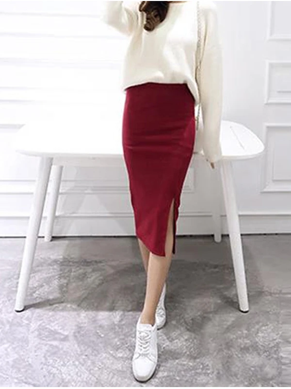 

Женская эластичная юбка-байкер с высокой талией, средней длины, А-силуэт, однотонная, универсальная, с эластичным разрезом, в уличном стиле