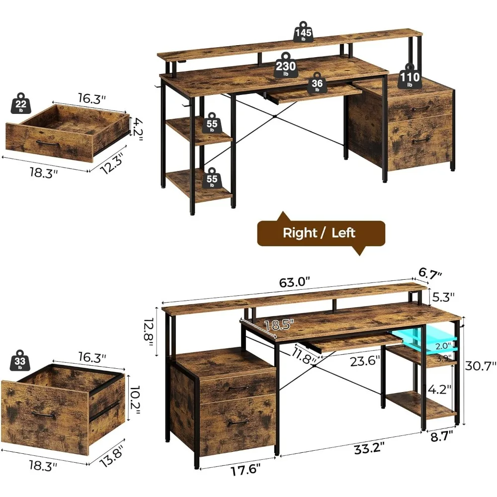 Mesa do computador com gaveta de arquivos, mesa de jogos, luz LED, Power Outlets, Home Office Desk, gabinete, 63"