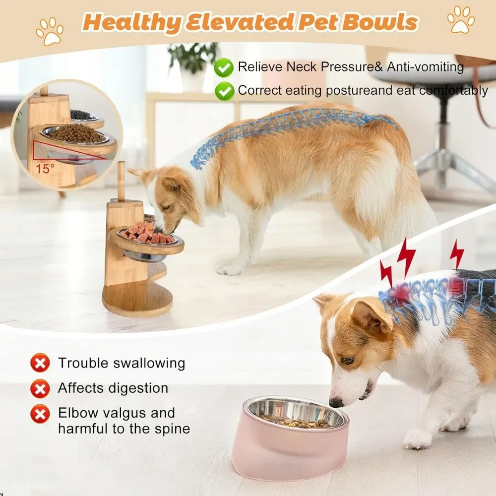 Elevated Dog Bowls for Small Dogs, Adjustable Bamboo Pet Feeding Station with 2 Stainless Steel Bowls for Cats and Puppy