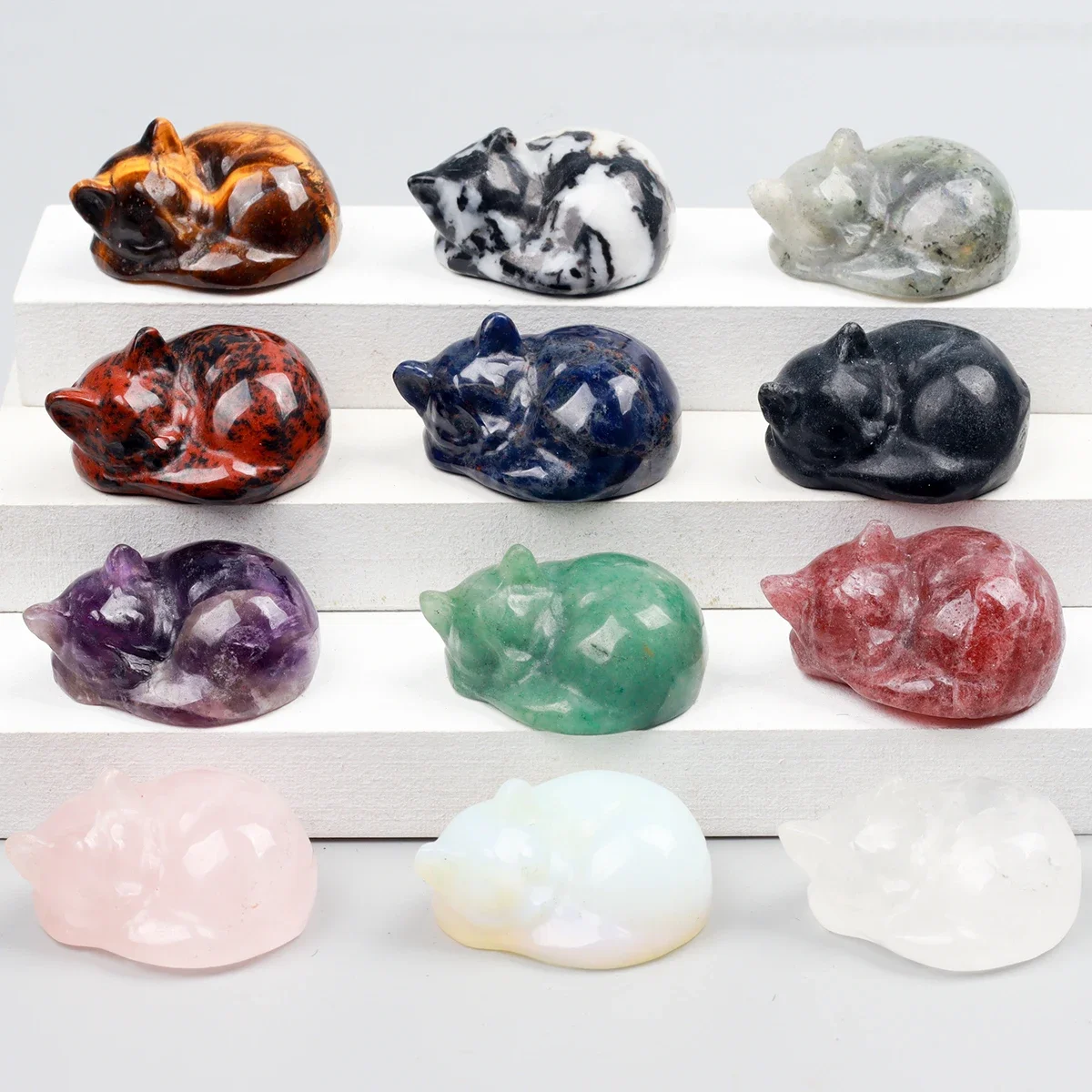 

Various Crystal Energy Stones Carved Cats Rose Quartz Kitten Figurine, Natural Stone, Jade Mini Sleeping Cat, Chakra, Decor Gem