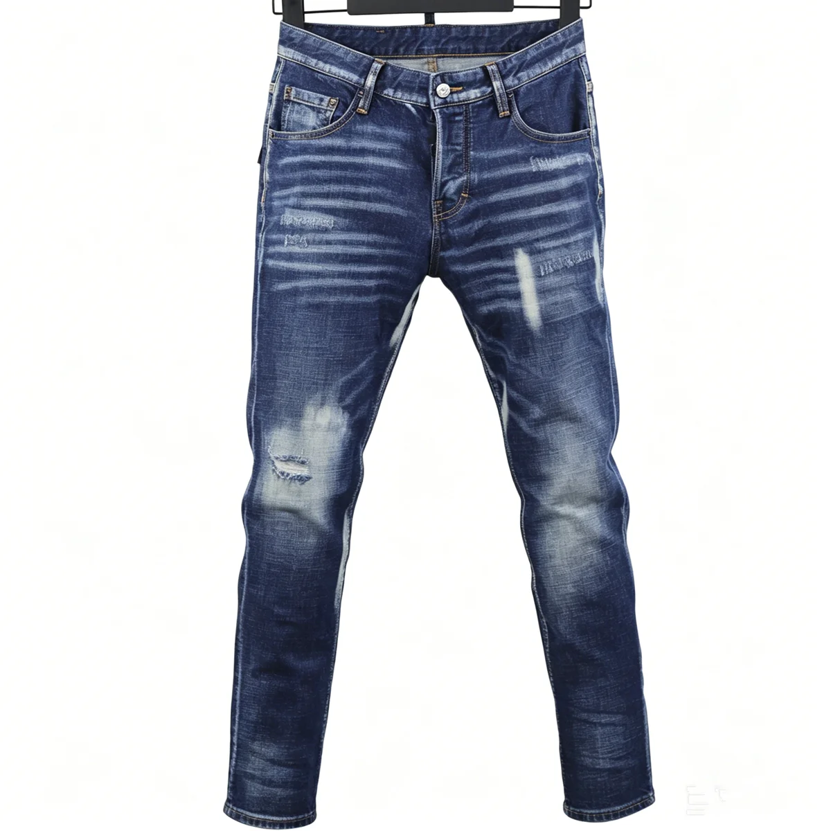

6093 Four Seasons New Men's Jeans Washed and Ripped Print Slim-Fit Small Feet Micro-elastic Blue Jeans for Men