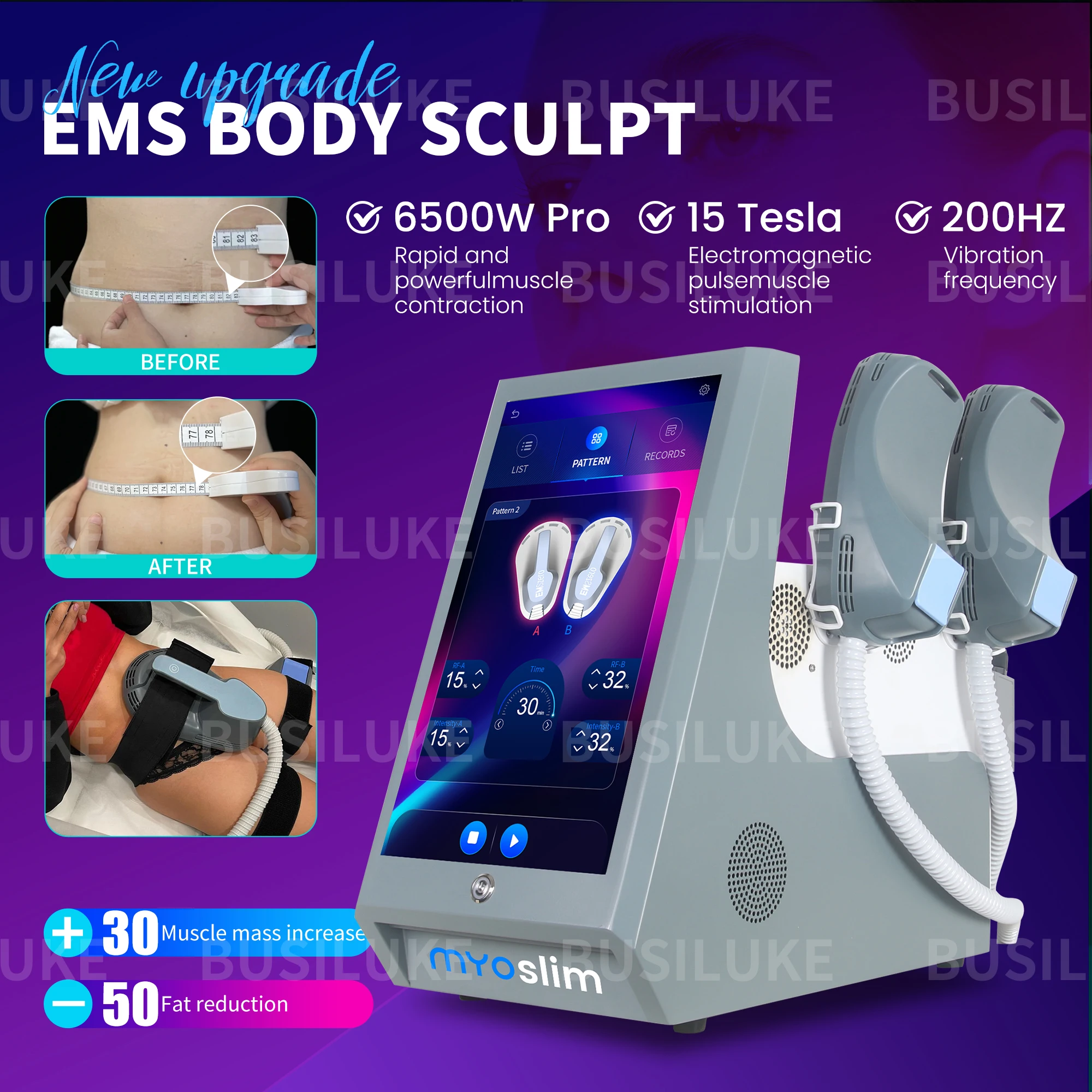 

Аппарат для коррекции фигуры EMS Body Sculpt 6500 Вт, 5 насадок, RF-лифтинг, сжигание жира, электромагнитная стимуляция мышц, терапия MYOslim