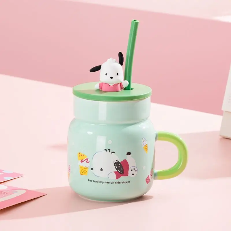 Kawaii سانريو POCHACCO كوب سيراميك مكتب كوب ماء مع القش لطيف شرب كوب مع غطاء أنيمي الكرتون فتاة هدية عيد ميلاد اللعب