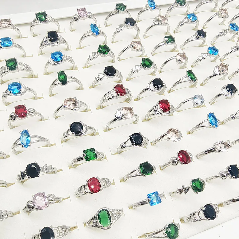 20pcs/Lot Wholesale Mix Colors Crystal Finger Rings for Wedding Party Thin Silver Color Geometric Blue Joint Ring Gifts Girls