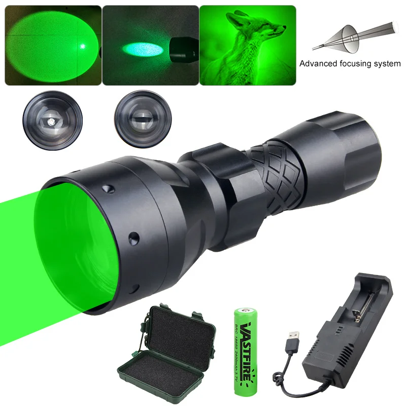 

VASTFIRE 500 Yards Zoomable Flahslight Tactical Green/Red LED Camping Lantern Hunting Torch+18650 Battery+USB Charger