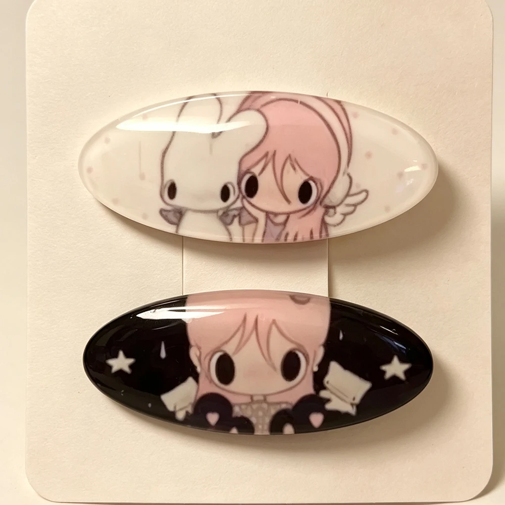2Pcs Angel Girl Cartoon Hair Clip Set Star White Rabbit Print Oval Acrylic Side Barrettes Hairclips For Women Girls Jewelry