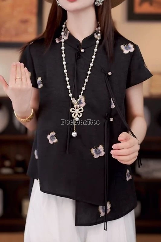 

2025 chinese style butterfly embroidery short-sleeved irregular hem cheongsam shirt women loose fashion style tang suit blouse