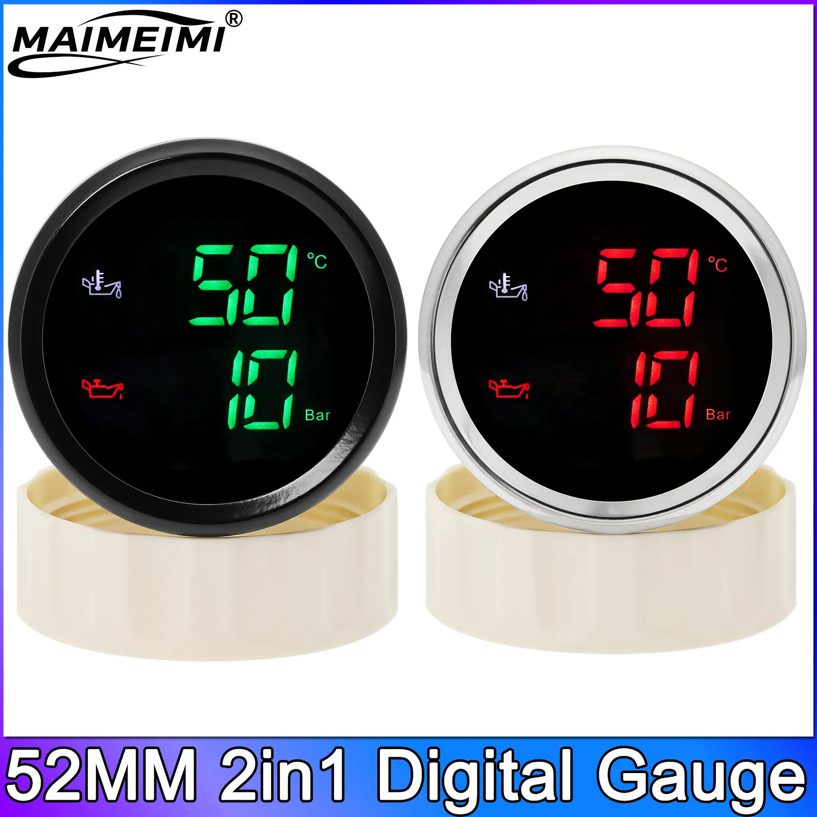 

52MM 2in1 Digital Oil Pressure Oil Temperature Gauge Red Backlight Or Green Backlight Suitable For Vehicles And Ships Black