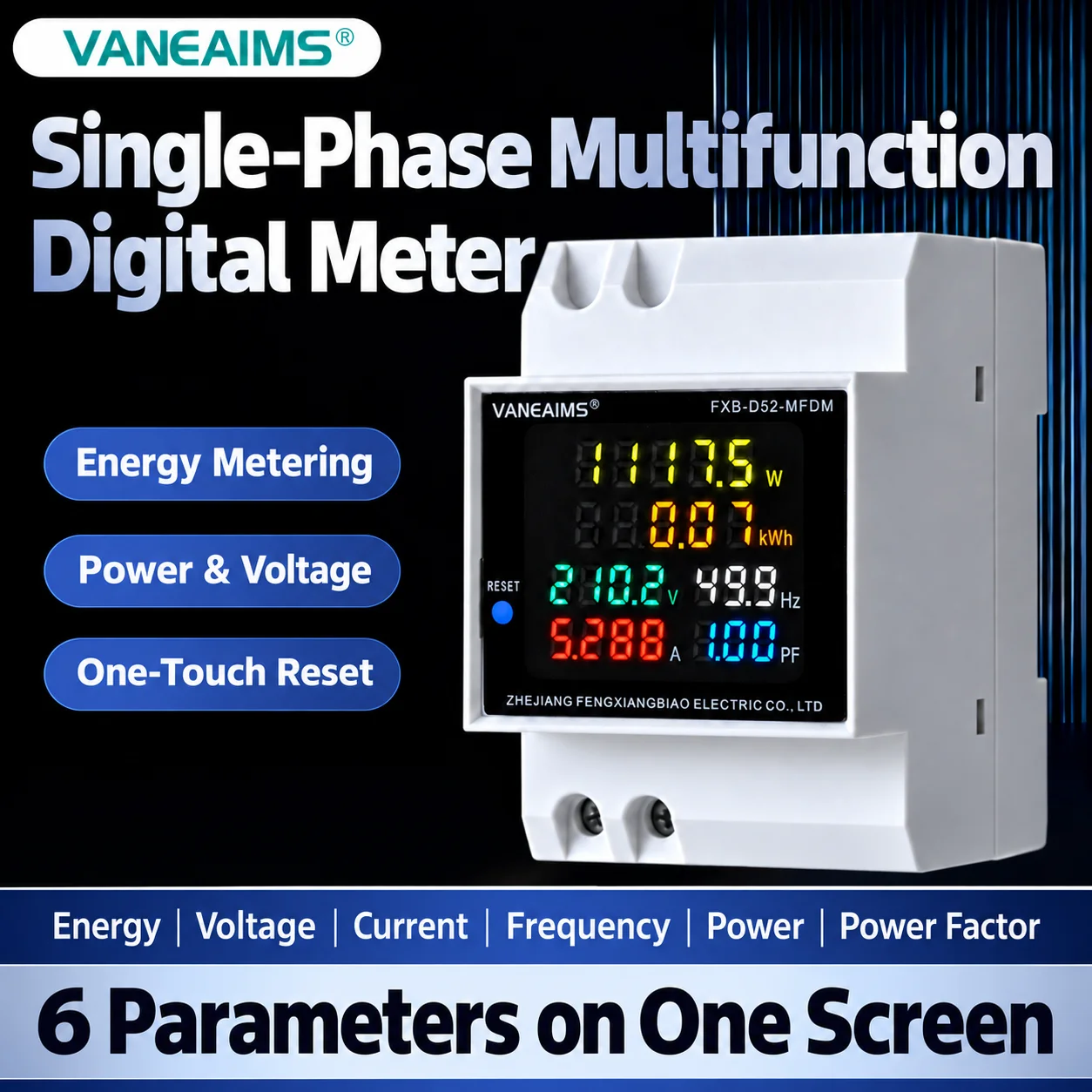 6IN1 AC Monitor Din Rail KWH Electric Energy Meter 110V 220V 100A Voltage Current Power Factor Frequency Active VOLT AMP