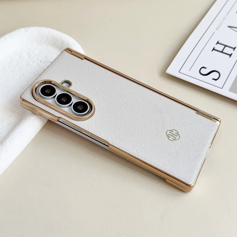 Embossed PU Leather Phone Case For Samsung Galaxy Z Fold 7/Fold 8/Fold 8 Ultra Electroplated Golden Frame Monogram Pattern Cover