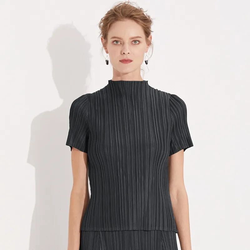 

Miyake японская женская футболка Miyake плиссированная классическая базовая футболка с высоким воротом тонкие топы с короткими рукавами женские облегающие с эластичностью