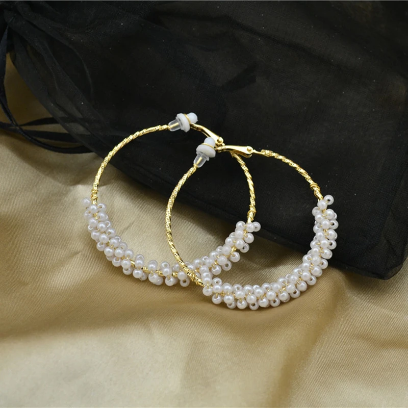 Ladies Earrings Big Circle Beaded Round Clip On Ear Without Piercing Non Pierced Fine Fashion Jewelry Hoop Earrings for Women