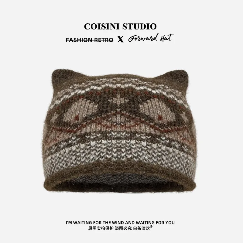 Neue Strickmütze im Fair Isle-Stil mit Katzenohren für Herren und Damen, warm und niedlich, mit Ohrenschutz, ideal für Herbst und Winter. – Detail 4